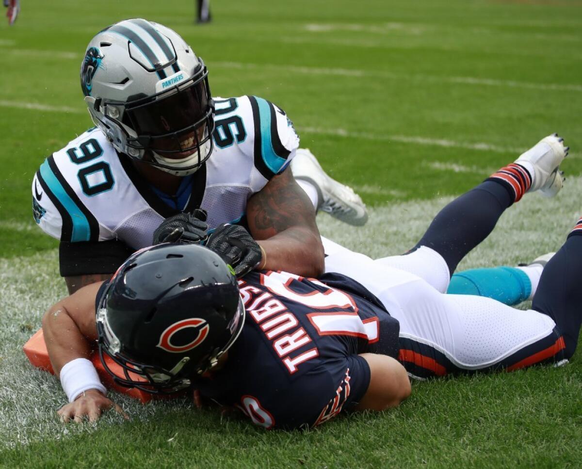 Panthers defensive end Julius Peppers tackles Bears quarterback Mitchell Trubisky short of the end zone during a game on Oct. 22.