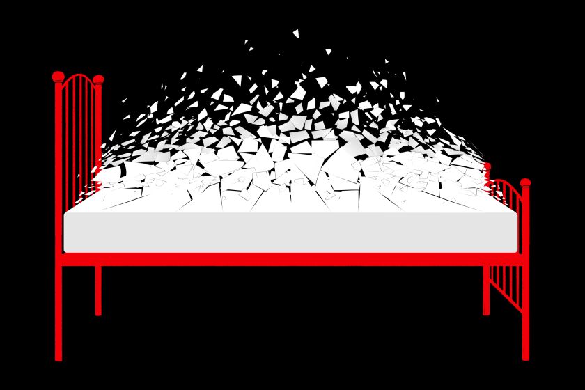 Illustration of a mattress on a red bed frame shattering into tiny sharp pieces.