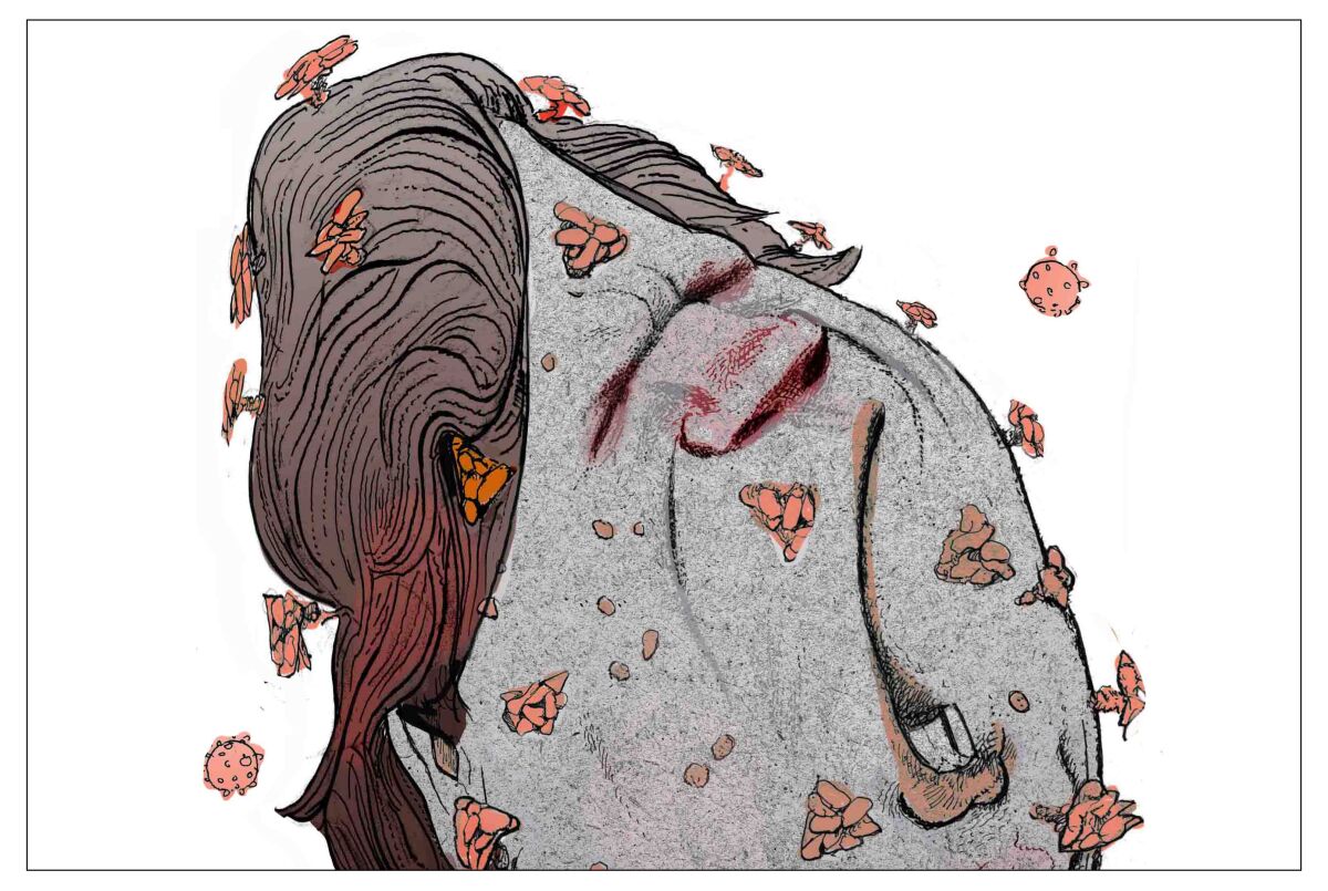 Caricature of Tucker Carlson with his mouth open and emanating virus