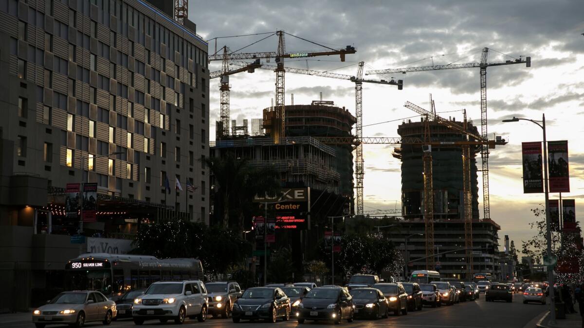 On going construction of Oceanwide Plaza and Circa, both along Figueroa street in downtown Los Angeles.