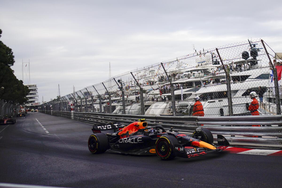 Sergio Perez steers his car during the Monaco Formula One Grand Prix.