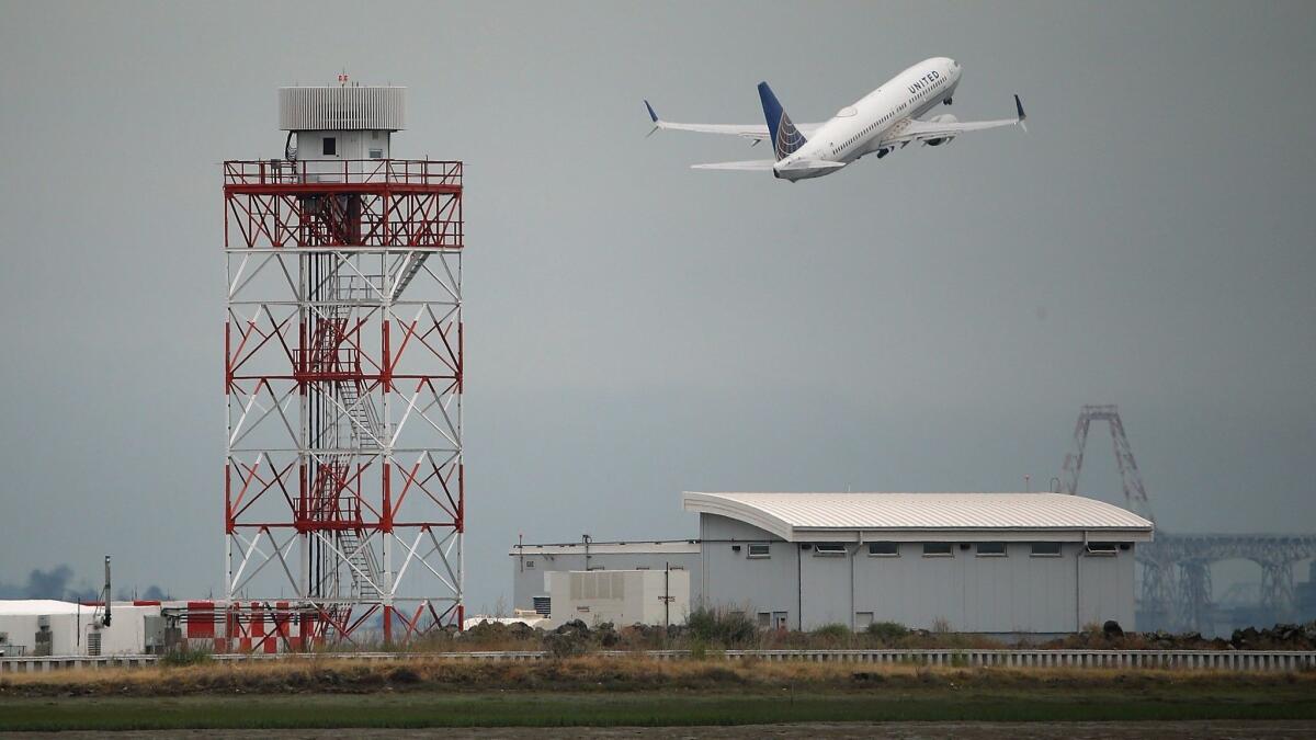 A United Airlines plane takes off from San Francisco International Airport.