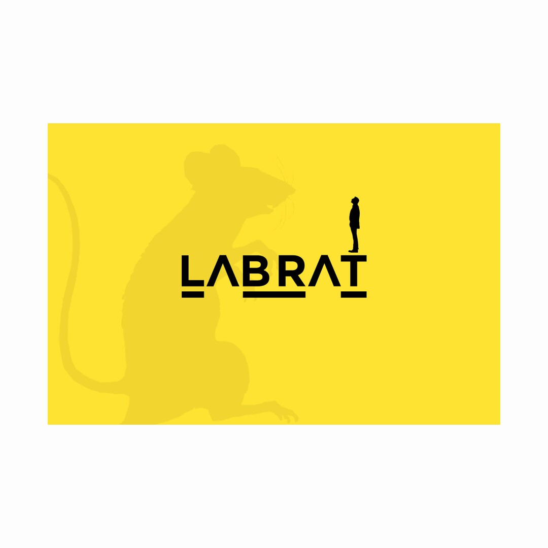 The words "Lab Rat" on a yellow background, with the figures of a small man and a large rat. 