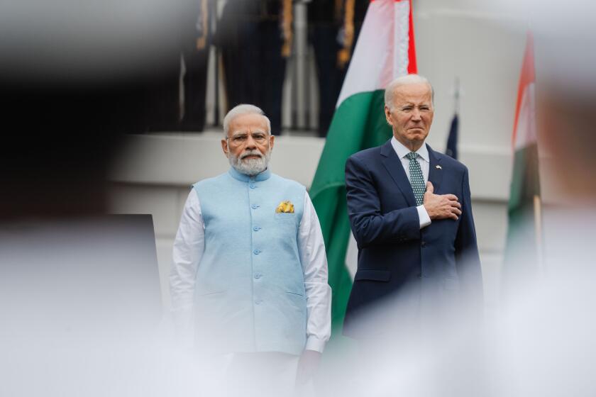 WASHINGTON, DC - JUNE 22: President Joe Biden and Indian Prime Minister Narendra Modi participate in an arrival ceremony on the South Lawn of the White House on Thursday, June 22, 2023 in Washington, DC. President Biden is the first U.S. President to invite Prime Minister Modi for an official state visit. (Kent Nishimura / Los Angeles Times)
