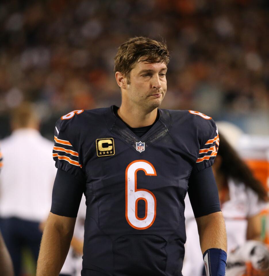 Bears quarterback Jay Cutler after his pass to Kevin White was incomplete on a third down, in the second quarter against the Eagles at Soldier Field on Sept. 19, 2016.