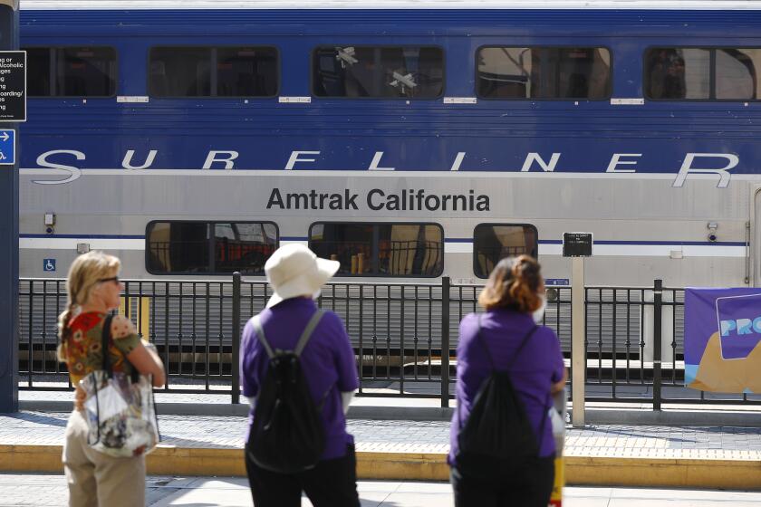 SAN DIEGO, CA - SEPTEMBER 16: Two Amtrak Pacific Surfliner trains are parked in Santa Fe Depot in San Diego due to rail closures along the coast in San Clemente on Thursday, Sept. 16, 2021. . (K.C. Alfred / The San Diego Union-Tribune)