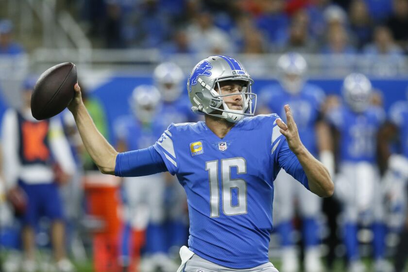 Detroit Lions quarterback Jared Goff throws during the first half of an NFL football game against the Seattle Seahawks, Sunday, Oct. 2, 2022, in Detroit. (AP Photo/Duane Burleson)