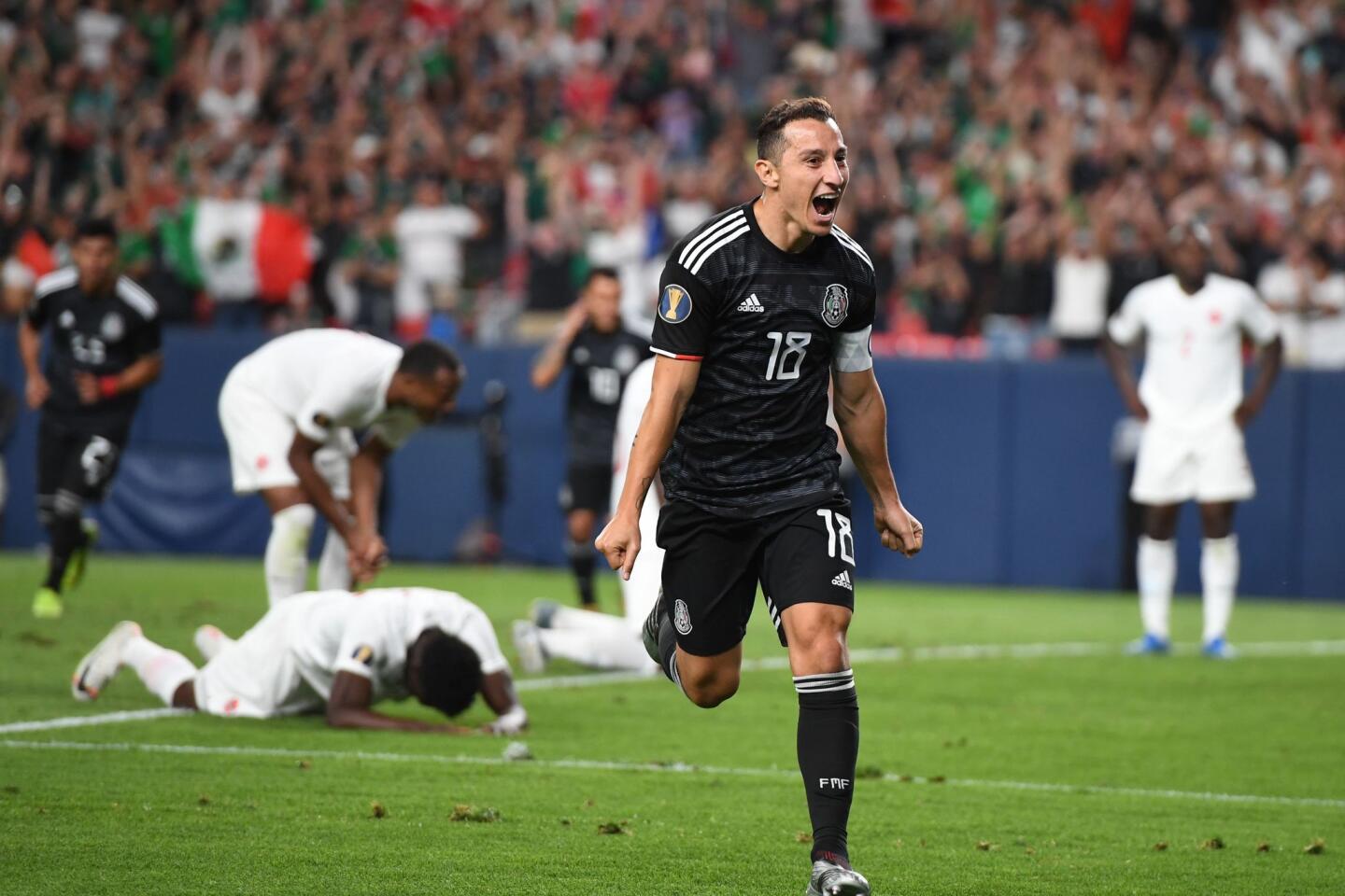 Mexico's midfielder Andres Guardado celebrates after scoring a goal during the CONCACAF Gold Cup Group A match between Mexico and Canada on June 19, 2019 at Broncos Mile High stadium in Denver, Colorado. (Photo by Robyn Beck / AFP)ROBYN BECK/AFP/Getty Images ** OUTS - ELSENT, FPG, CM - OUTS * NM, PH, VA if sourced by CT, LA or MoD **