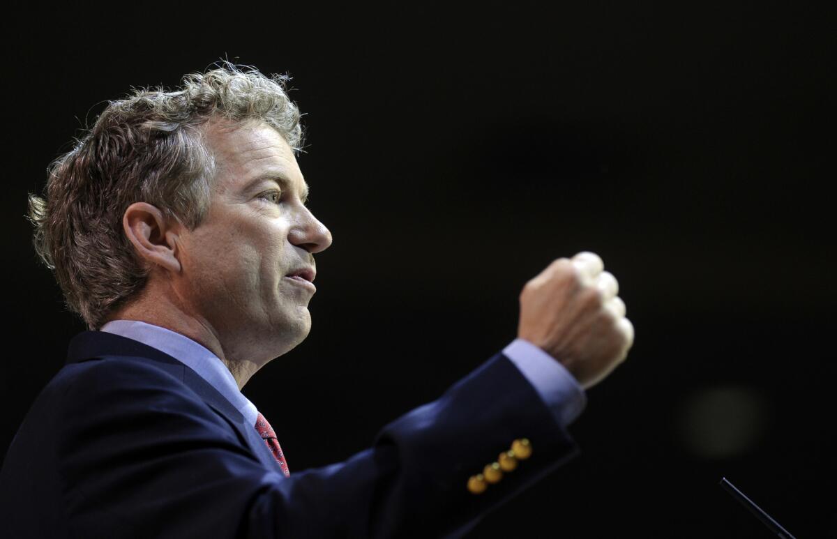 Sen. Rand Paul (R-Ky.) speaks at the Conservative Political Action Committee annual conference, which brings together prospective presidential candidates, conservative opinion leaders and tea party activists, in National Harbor, Md.