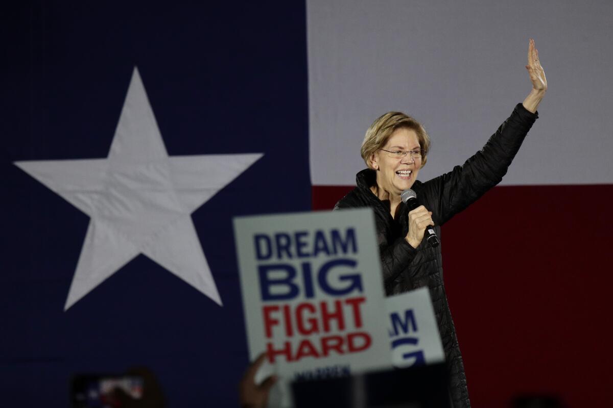 Democratic presidential candidate Sen. Elizabeth Warren (D-Mass.) addresses supporters during a town hall in San Antonio. 