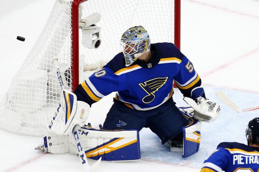ST LOUIS, MISSOURI - MAY 17: Jordan Binnington #50 of the St. Louis Blues tends goal against the San Jose Sharks during the third period in Game Four of the Western Conference Finals during the 2019 NHL Stanley Cup Playoffs at Enterprise Center on May 17, 2019 in St Louis, Missouri. (Photo by Dilip Vishwanat/Getty Images) ** OUTS - ELSENT, FPG, CM - OUTS * NM, PH, VA if sourced by CT, LA or MoD **