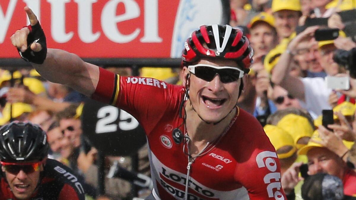 Germany's Andre Greipel celebrates after winning Stage 2 of the Tour de France in Neeltje Jans, Netherlands, on July 5.