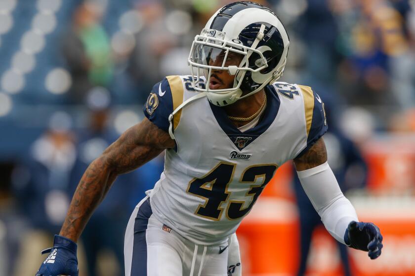 SEATTLE, WA - OCTOBER 03: Safety John Johnson #43 of the Los Angeles Rams warms up prior to the game against the Seattle Seahawks at CenturyLink Field on October 3, 2019 in Seattle, Washington. (Photo by Otto Greule Jr/Getty Images)