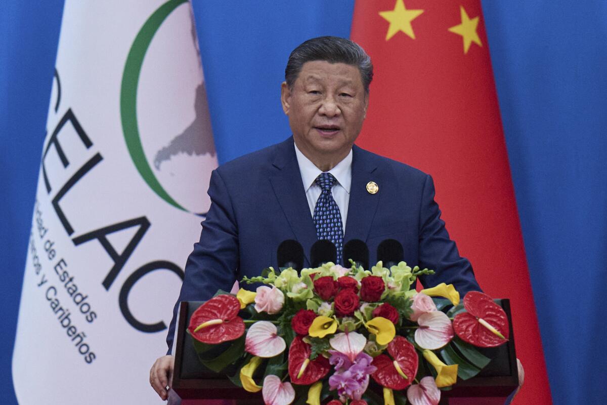 Chinese President Xi Jinping delivers a speech.