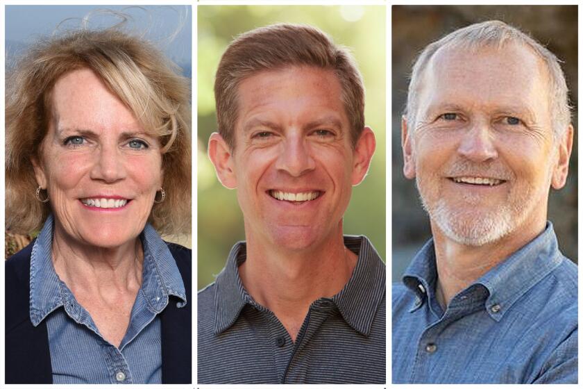 California's 2024 Congressional District 49 candidates, from left, Sheryl Adams, Mike Levin and Matt Gunderson. (Douglas Gates, Meeno Peluce, Andrew Kleske)