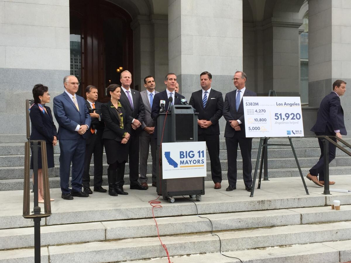 Los Angeles Mayor Eric Garcetti speaks at an April 11 news conference lobbying for state homelessness funding.