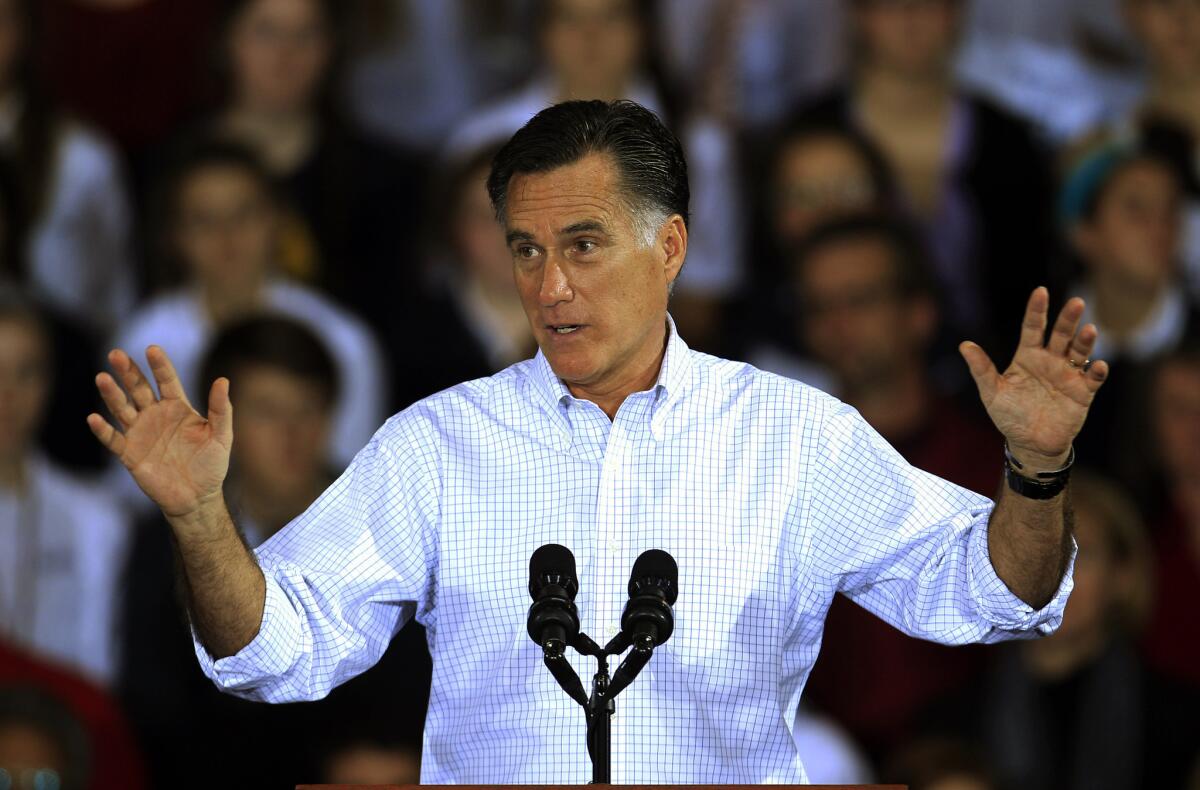 Republican presidential candidate Mitt Romney speaks at a campaign event at Avon Lake High School in Ohio.