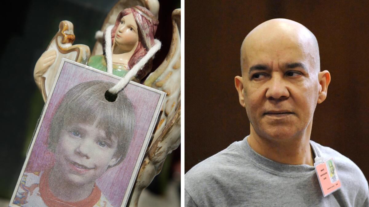 A photograph of Etan Patz, left, hangs on an angel figurine at a memorial in 2012. Pedro Hernandez, right, in court in 2012.