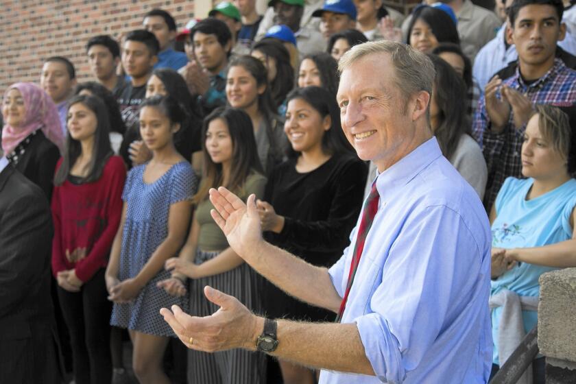 Tom Steyer appears at John Marshall High School in Los Angeles. Steyer has decided not to run for the Senate.