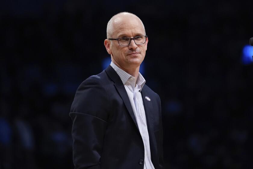 UConn head coach Dan Hurley walks into the locker room at halftime of a second-round college basketball game against Northwestern in the NCAA Tournament Sunday, March 24, 2024, in New York. (AP Photo/Frank Franklin II)