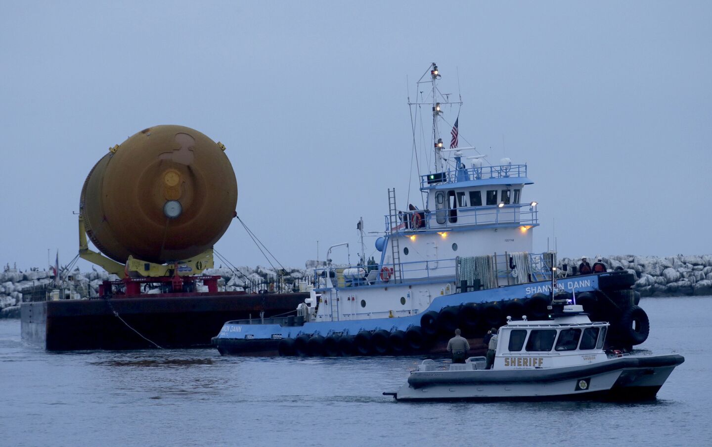 The space shuttle external tank E-94 arrives in Marina del Rey early Wednesday morning.