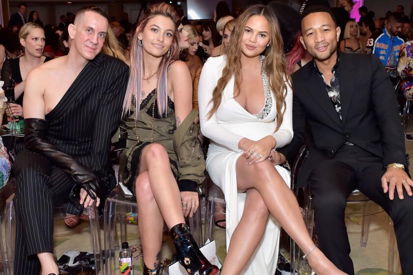 BEVERLY HILLS, CA - APRIL 08: (L-R) Honoree Jeremy Scott, Paris Jackson, Chrissy Teigen, and John Legend attend The Daily Front Row's 4th Annual Fashion Los Angeles Awards at Beverly Hills Hotel on April 8, 2018 in Beverly Hills, California. (Photo by Stefanie Keenan/Getty Images for The Daily Front Row)