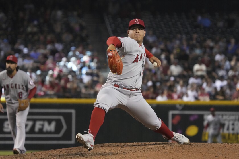 Angels' José Suarez pitches against the Arizona Diamondbacks on June 12 in Phoenix.