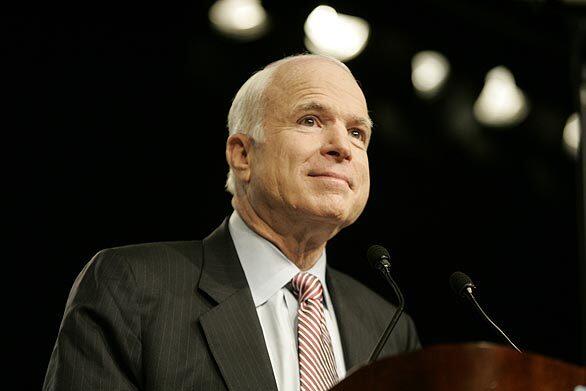 Sen. John McCain, the presumed Republican presidential nominee, prepares to address the Los Angeles World Affairs Council at the Westin Bonaventure Hotel.