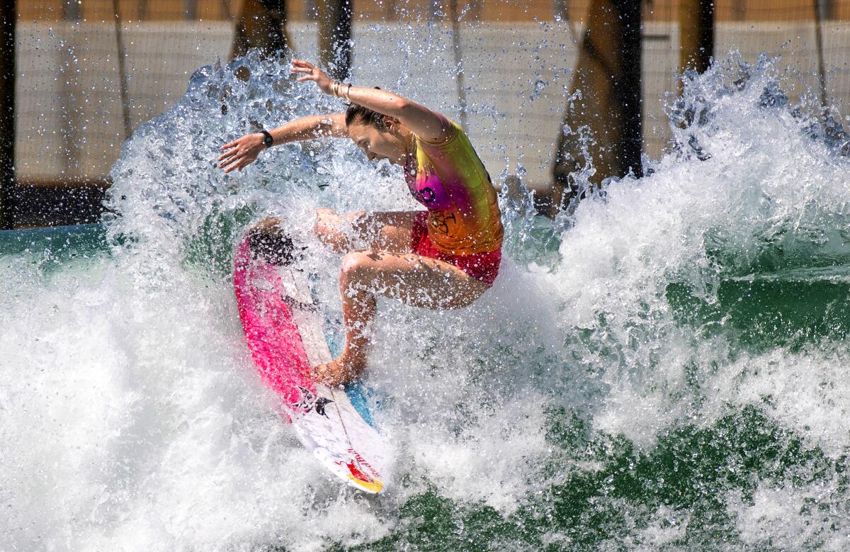 Carissa Moore competes at the Kelly Slater WSL Surf Ranch in Lemoore, Calif.