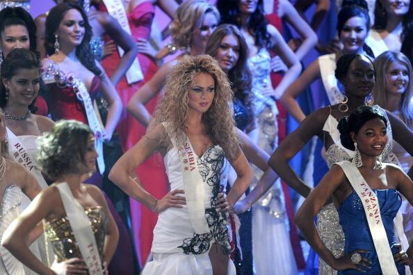 Miss World contestants pose on stage during the finals of Miss World 2011. A record 122 beauty queens from Albania to Zimbabwe take part in the pageant, which will be broadcast live to more than 150 countries.