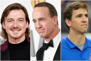 Split: left, Morgan Wallen wears black shirt; center, Peyton Manning wears black tux; right, Eli Manning wears blue polo