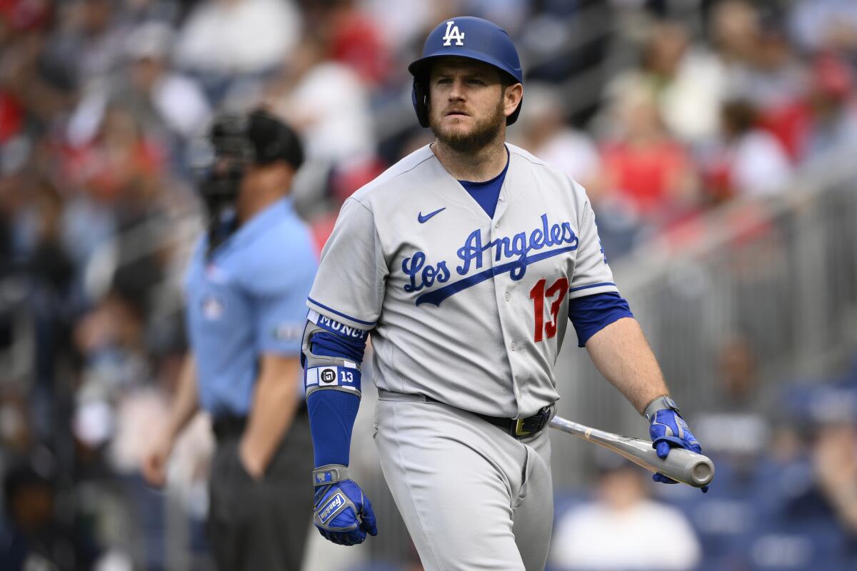 The Dodgers' Max Muncy looks on during a loss at Washington on May 25, 2022.