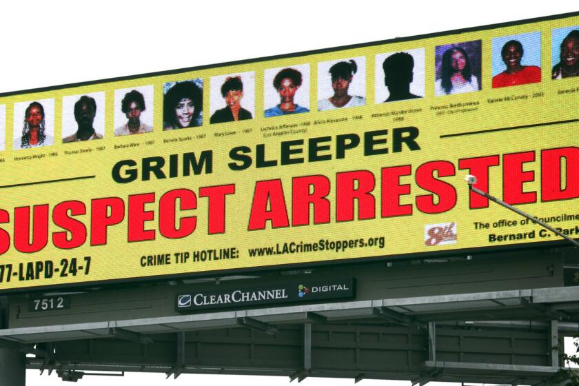 A billboard in 2010 showing that the suspect alleged to be the Grim Sleeper had been arrested near a freeway in Compton.