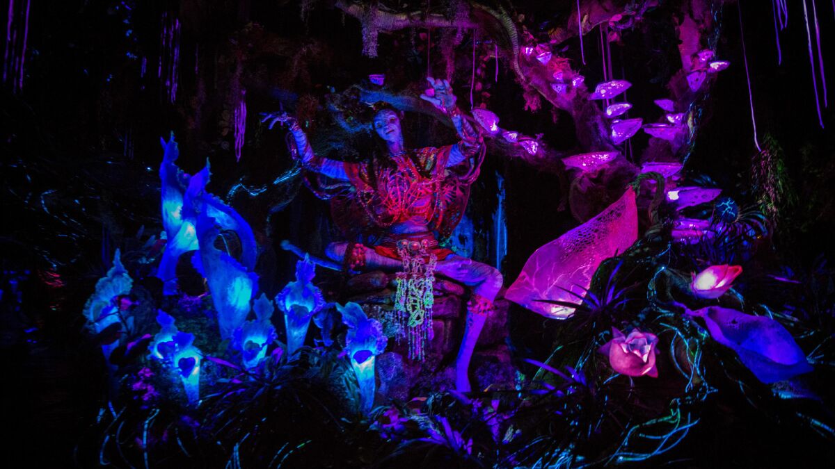 The audio-animatronic Shaman of Songs inside the Na'Vi River Journey boat ride.