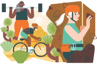Illustration of three people 65+ exercising with weights, biking, and bouldering in an abstract desert environment