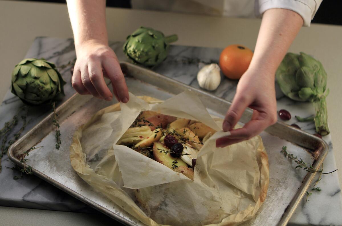 Spring vegetables baked in parchment