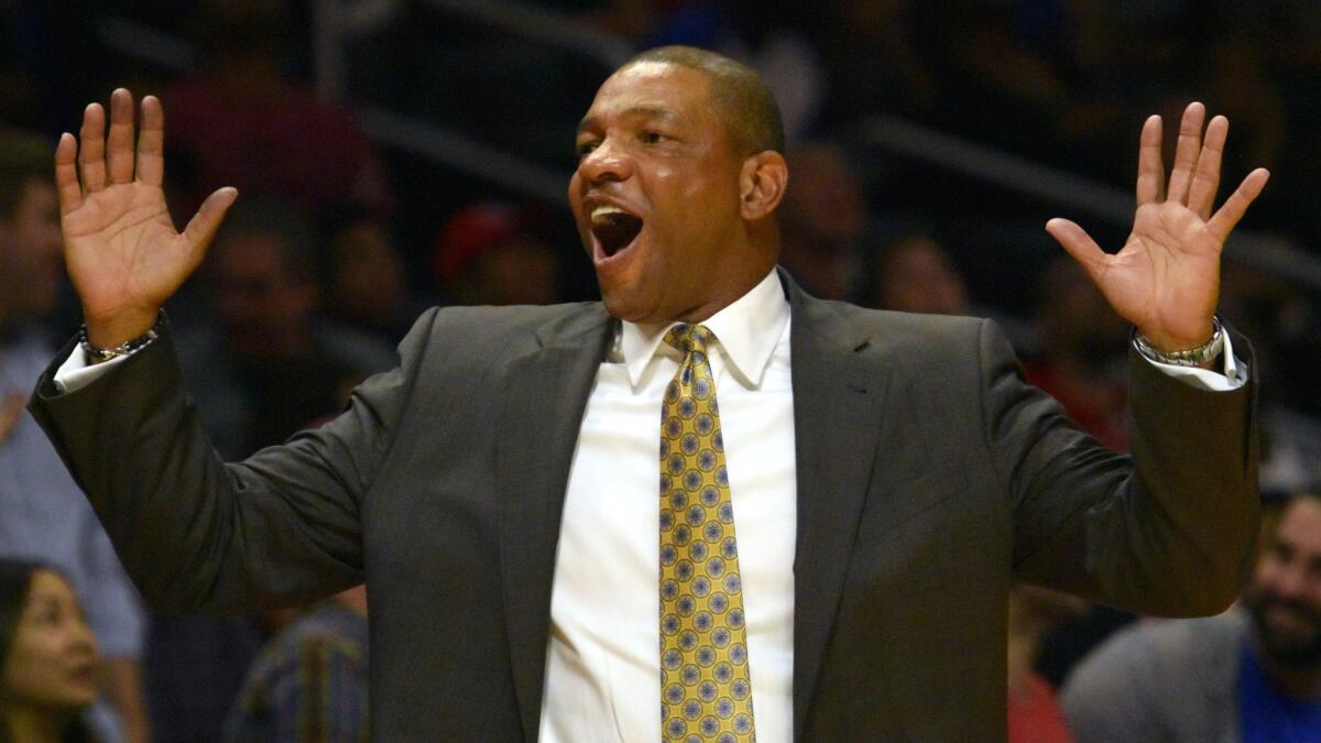 Clippers Coach Doc Rivers reacts to a call against his team during an exhibition game against the Portland Trail Blazers on Friday.