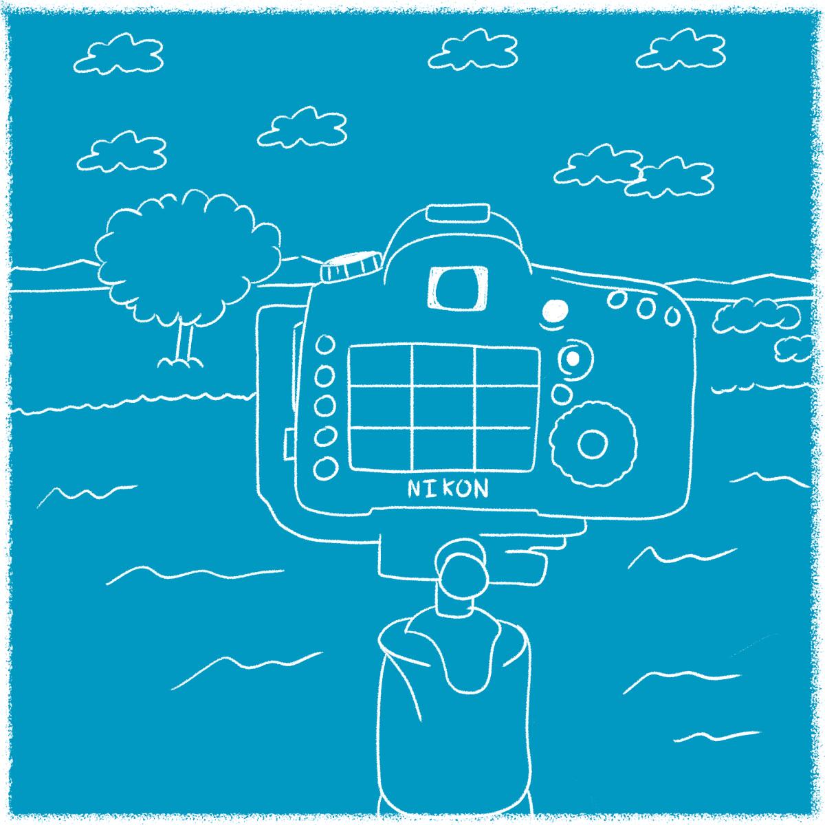 Illustration shows a closeup of a Nikon camera with a landscape of trees and clouds.