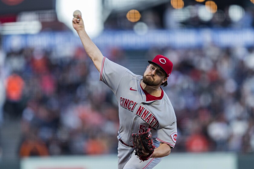 Cincinnati Reds' Graham Ashcraft pitches against the San Francisco Giants during the first inning of a baseball game in San Francisco, Friday, June 24, 2022. (AP Photo/John Hefti)
