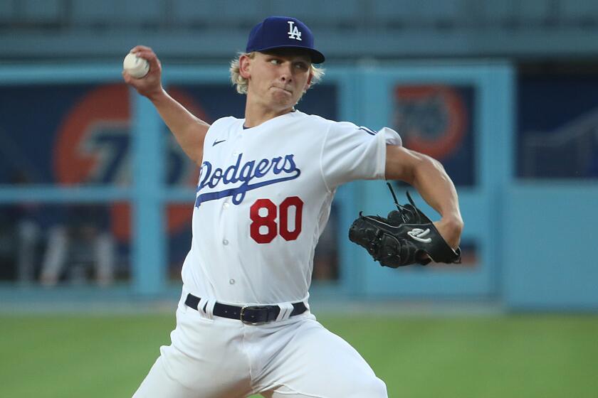 Los Angeles, CA - June 23: Dodgers starting pitcher Emmet Sheehan delivers a pitch in the third inning.
