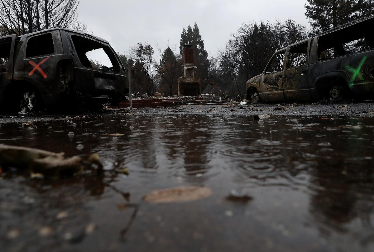 Rain falls Thursday on the site of a home destroyed by the Camp fire.