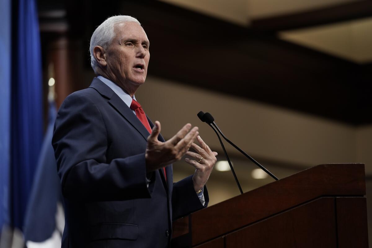 Former Vice President Mike Pence speaks at the Heritage Foundation in Washington on Oct. 19.
