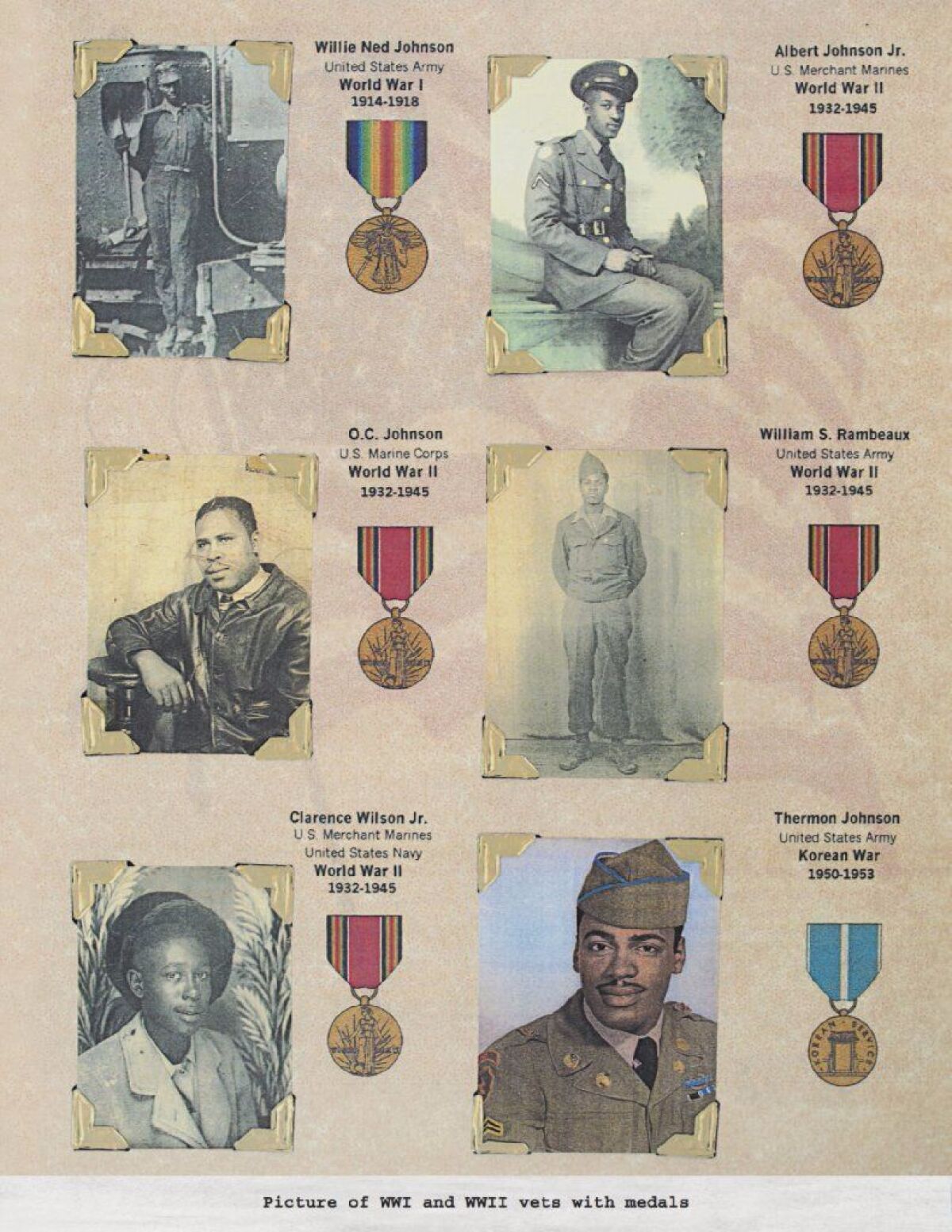 A page from Earnestine Smith's journal depicting family members who were veterans and their medals.