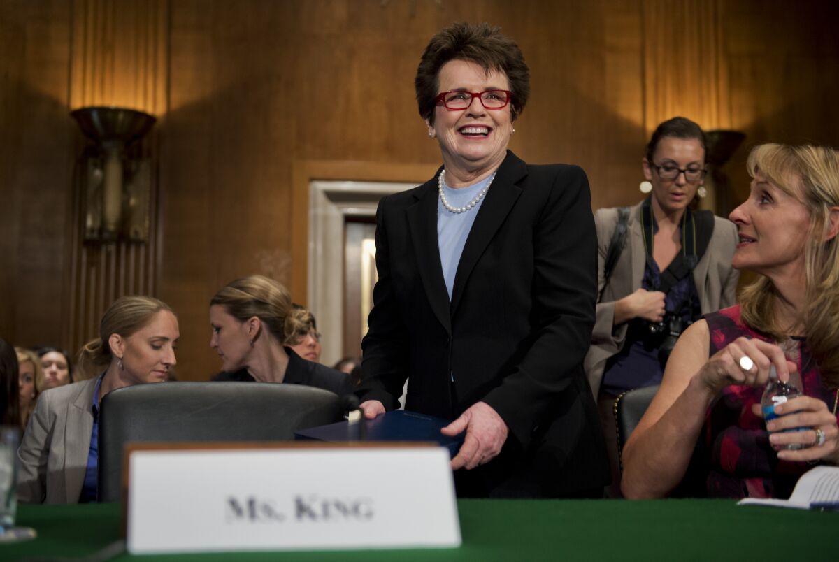 Former tennis pro Billie Jean King testifies before a Senate committee on Title IX.