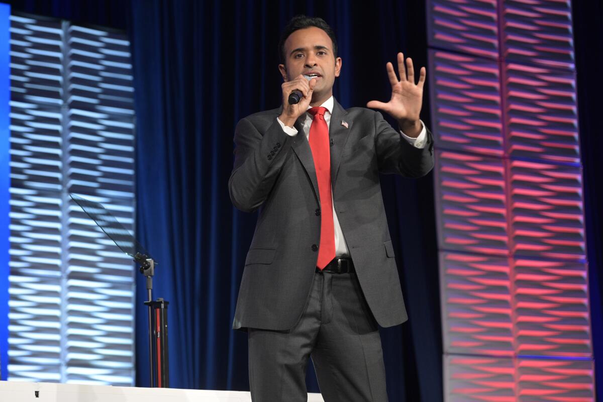 Republican presidential candidate Vivek Ramaswamy speaks at the Republican Party of Florida Freedom Summit.