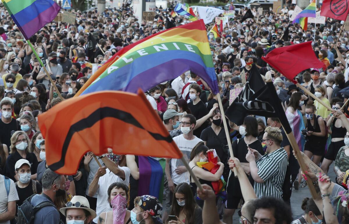Supporters of LGBT rights protest against rising homophobia in Poland in August.