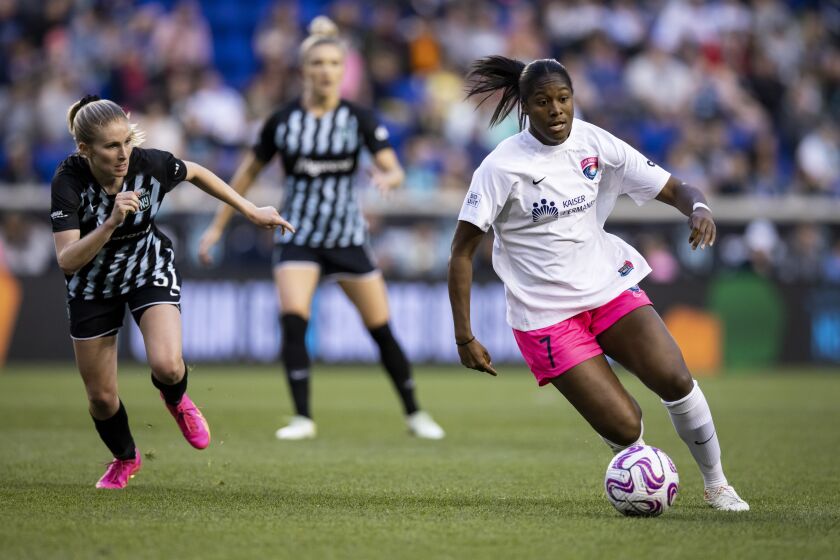 HARRISON, NEW JERSEY - JUNE 4: Amirah Alin #7 of San Diego Wave takes the ball down the pitch in the second half of the National Women's Soccer League match against NJ/NY Gotham FC at Red Bull Arena on June 4, 2023 in Harrison, New Jersey. (Photo by Ira L. Black - Corbis/Getty Images)