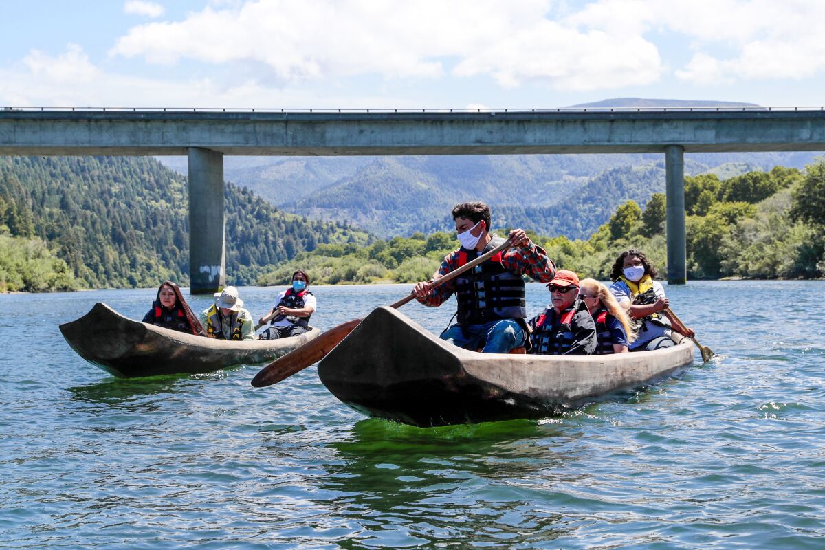 Guides paddle tourists along the Klamath River in traditional canoes