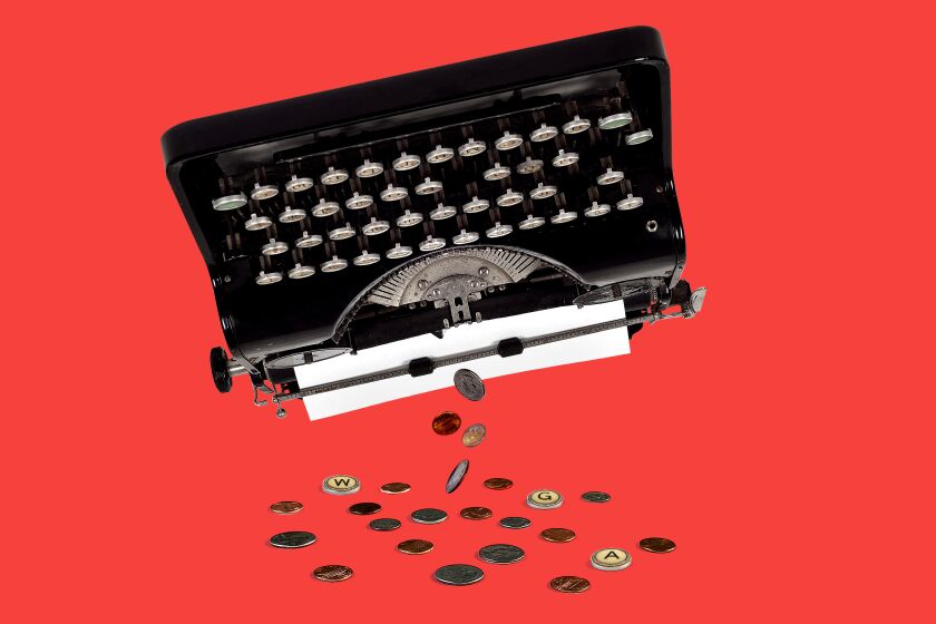 Photo illustration of an upside-down typewriter with coins and the W, G, and A keys spilling out