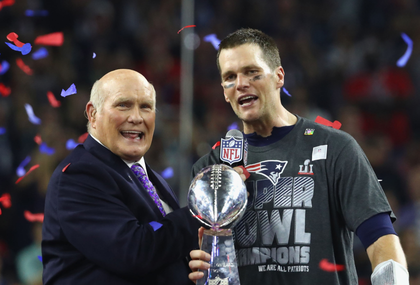 Terry Bradshaw with Tom Brady and the Lombardi Trophy after Super Bowl LI in 2017.